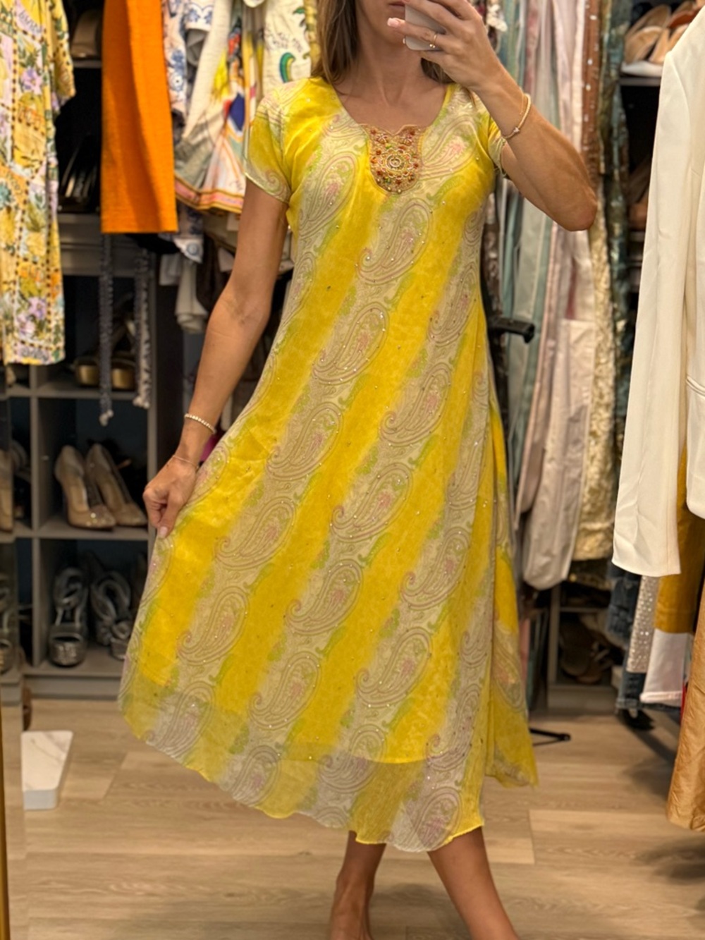 Vintage Handmade Yellow Paisley Beaded Midi Dress Boho Festival Cottagecore